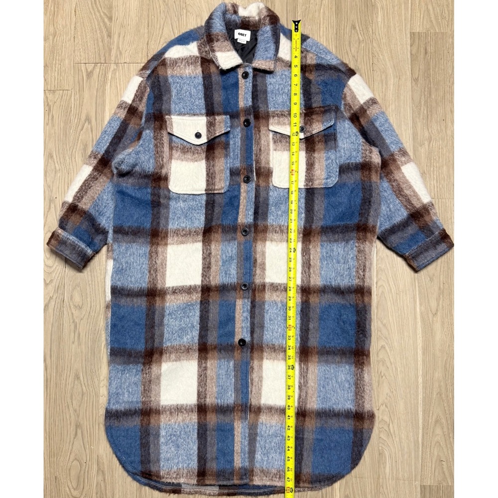 Obey Womens Large Blue Plaid Wool Blend Longline Shacket Oversized Shirt Jacket